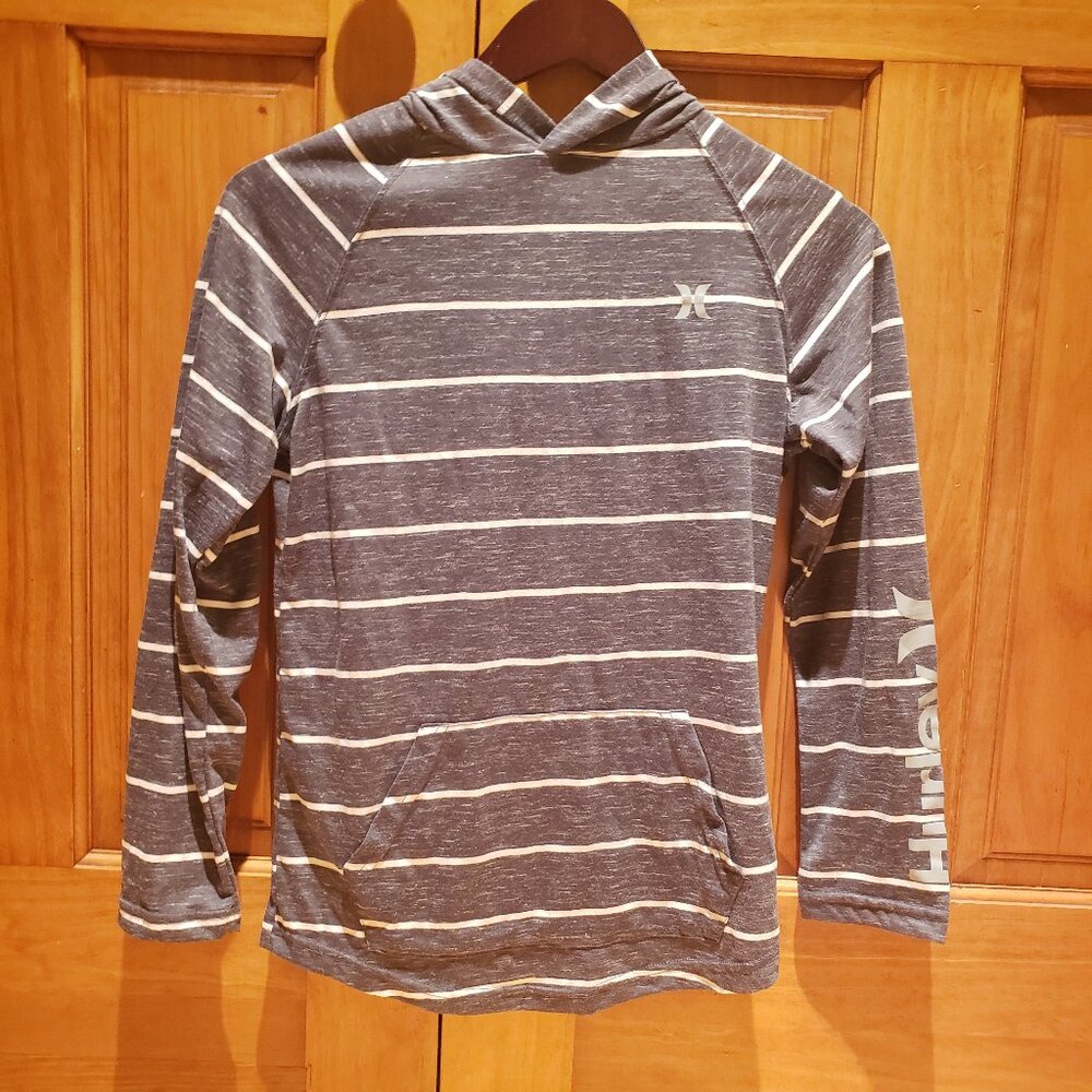 Boys Hurley Hooded Long Sleeve Shirt Size L Grey White Stripes Logo Surf Soft